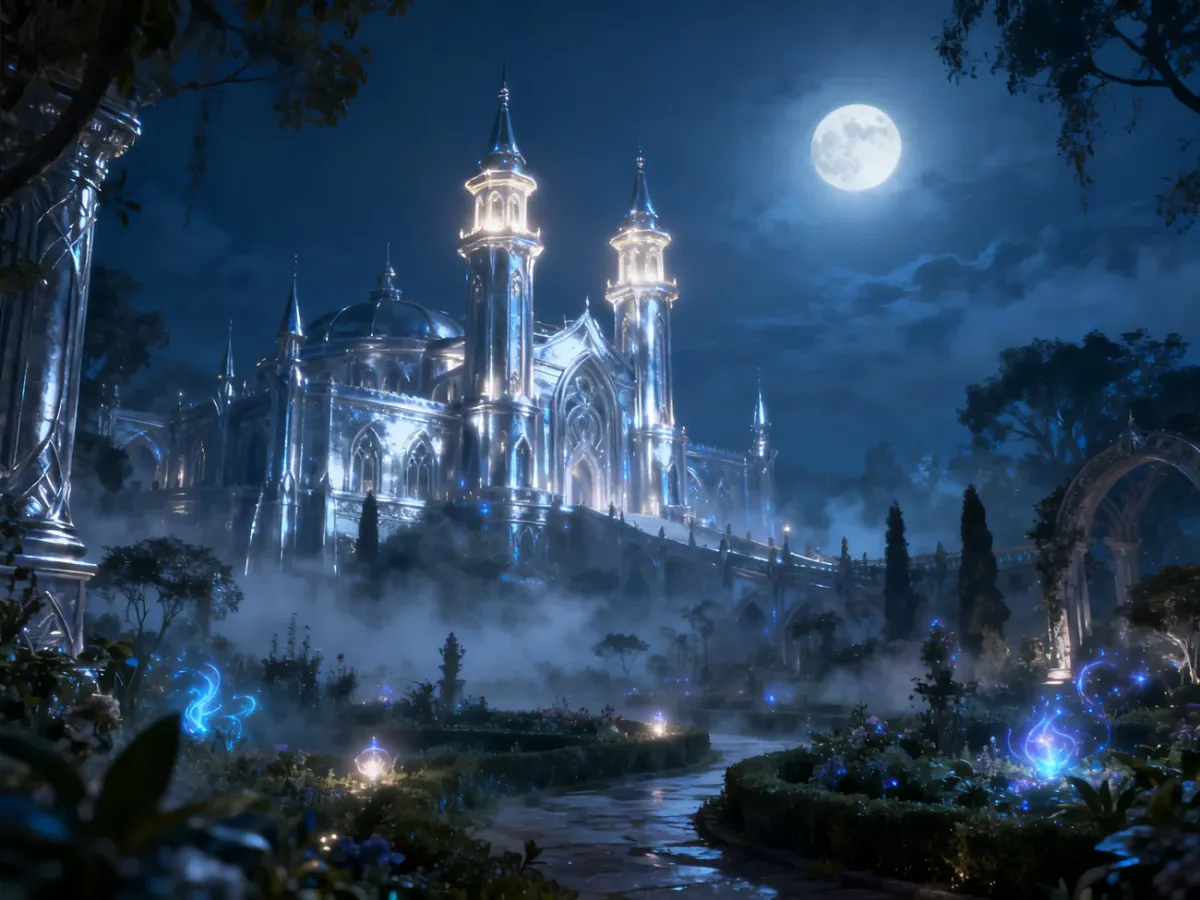Srebrny pałac fantasy oświetlony blaskiem księżyca
