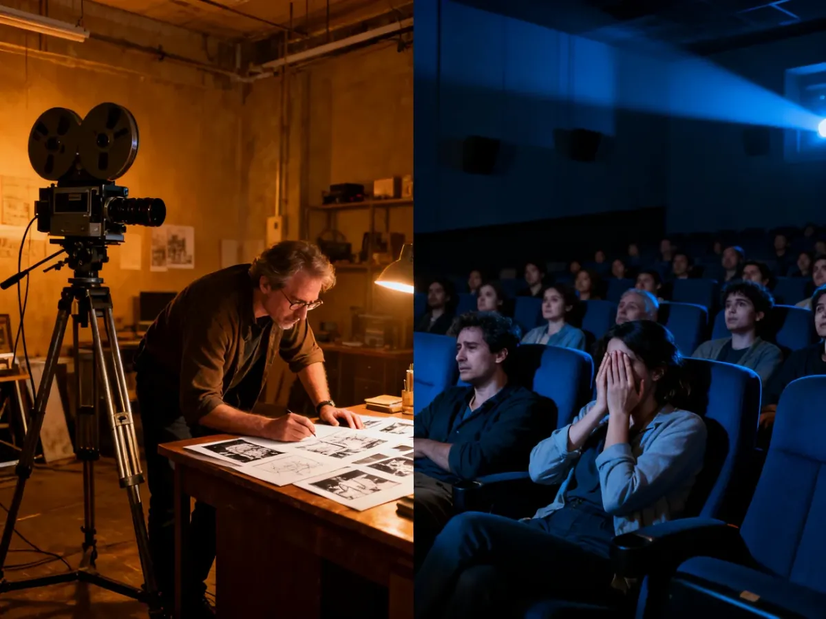 Reżyser analizujący filmowe kadry obok poruszonej publiczności w kinie