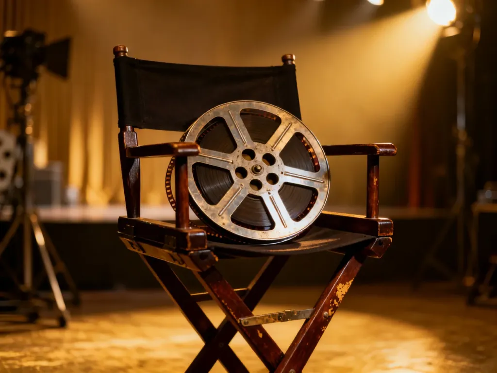 Szpula filmu na reżyserskim krześle w klimacie klasycznego Hollywood, nawiązująca do filmowej twórczości Denzela Washingtona.