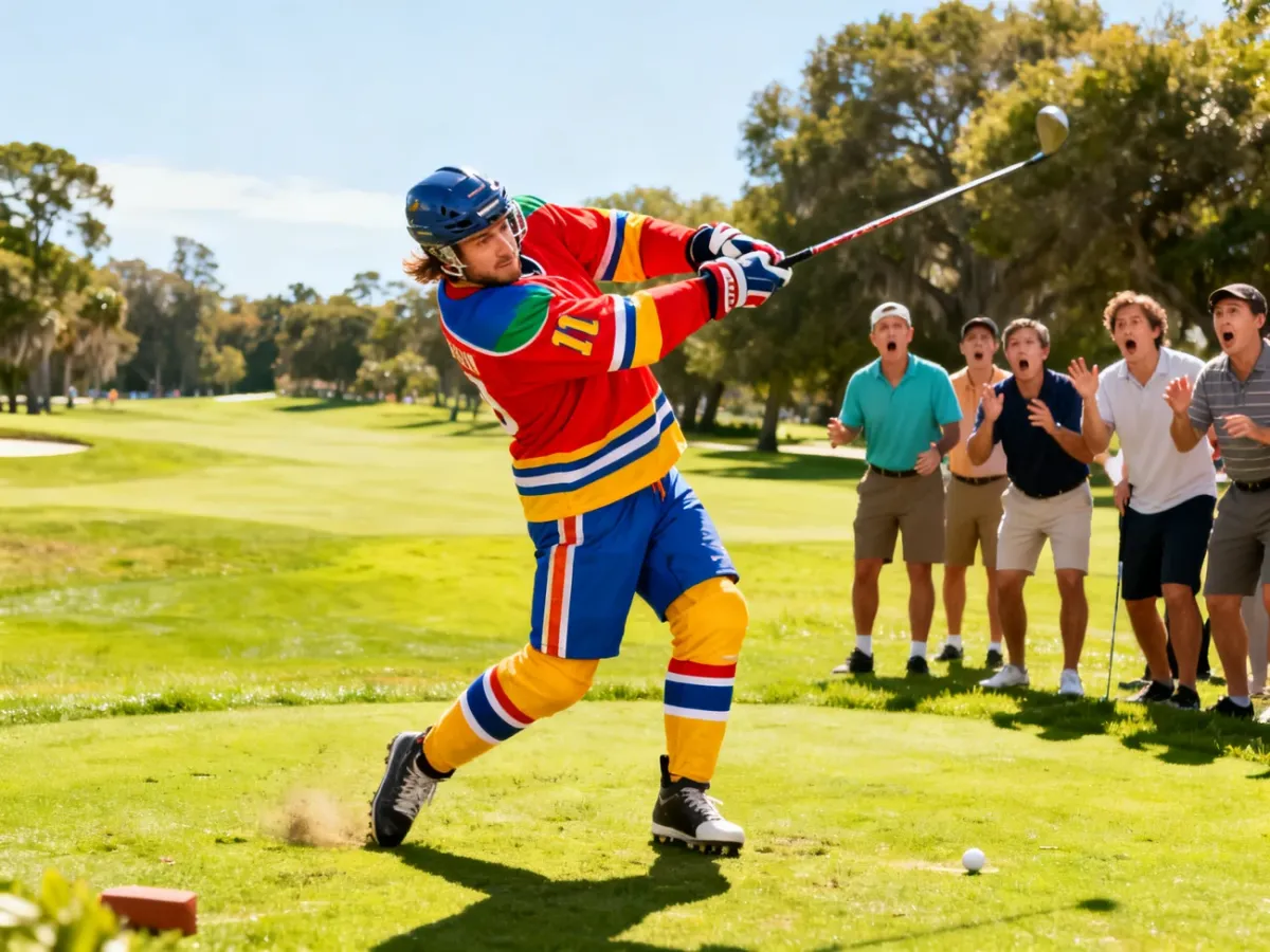Impulsywny zawodnik wykonujący zabawne uderzenie na polu golfowym