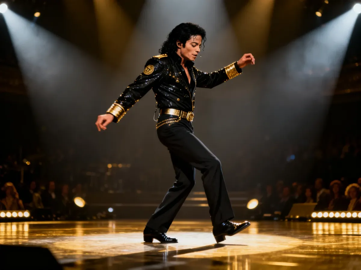 Michael Jackson występujący na oświetlonej scenie koncertowej