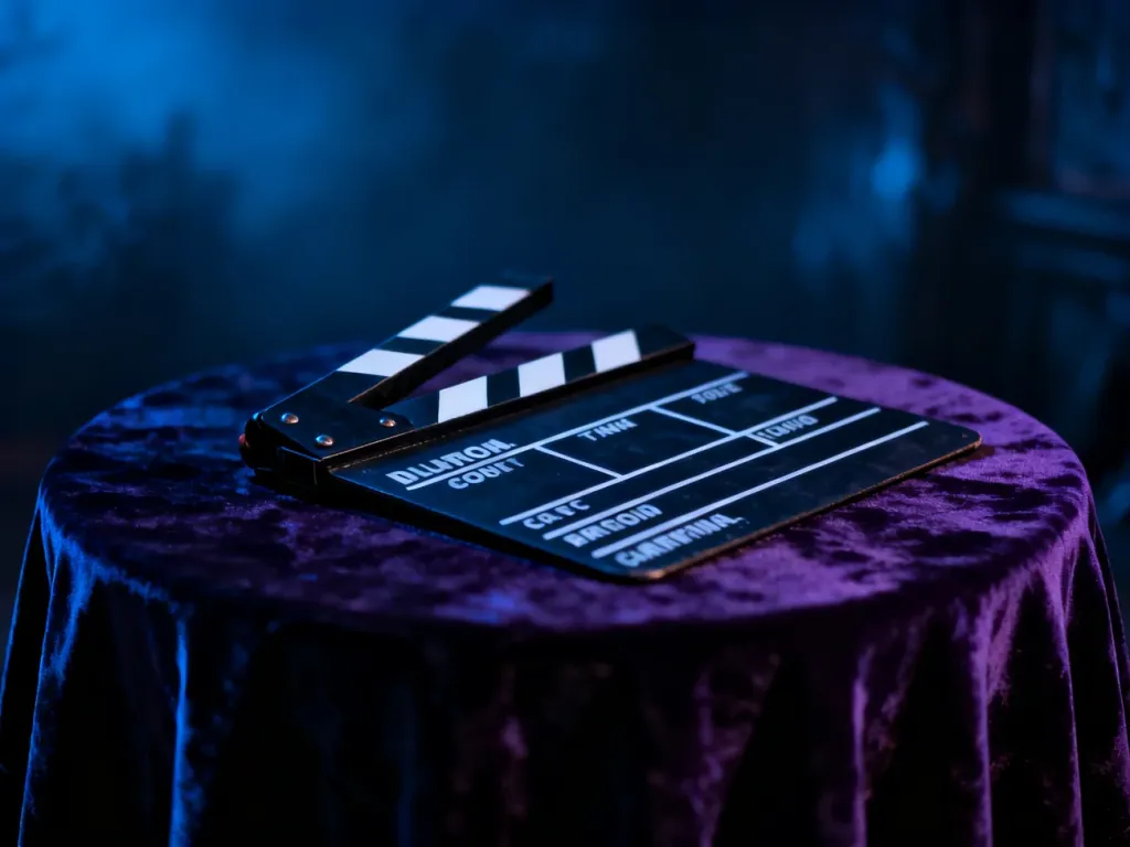 Klapa filmowa na ciemnym stole w nastrojowym, kinowym oświetleniu, nawiązująca do klimatu horroru.