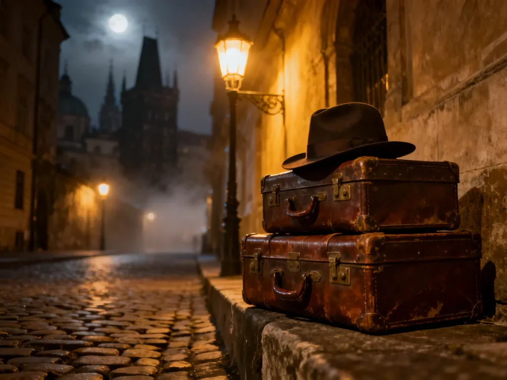 Nastrojowa uliczka w europejskim mieście nocą z zabytkowymi walizkami i kapeluszem na pierwszym planie.