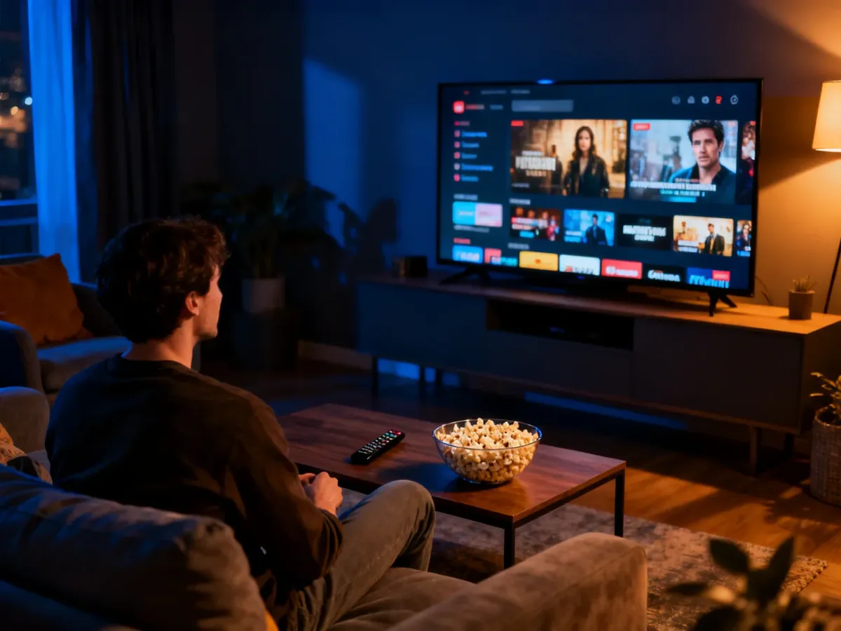 Osoba wybierająca film w serwisie streamingowym w przytulnym salonie