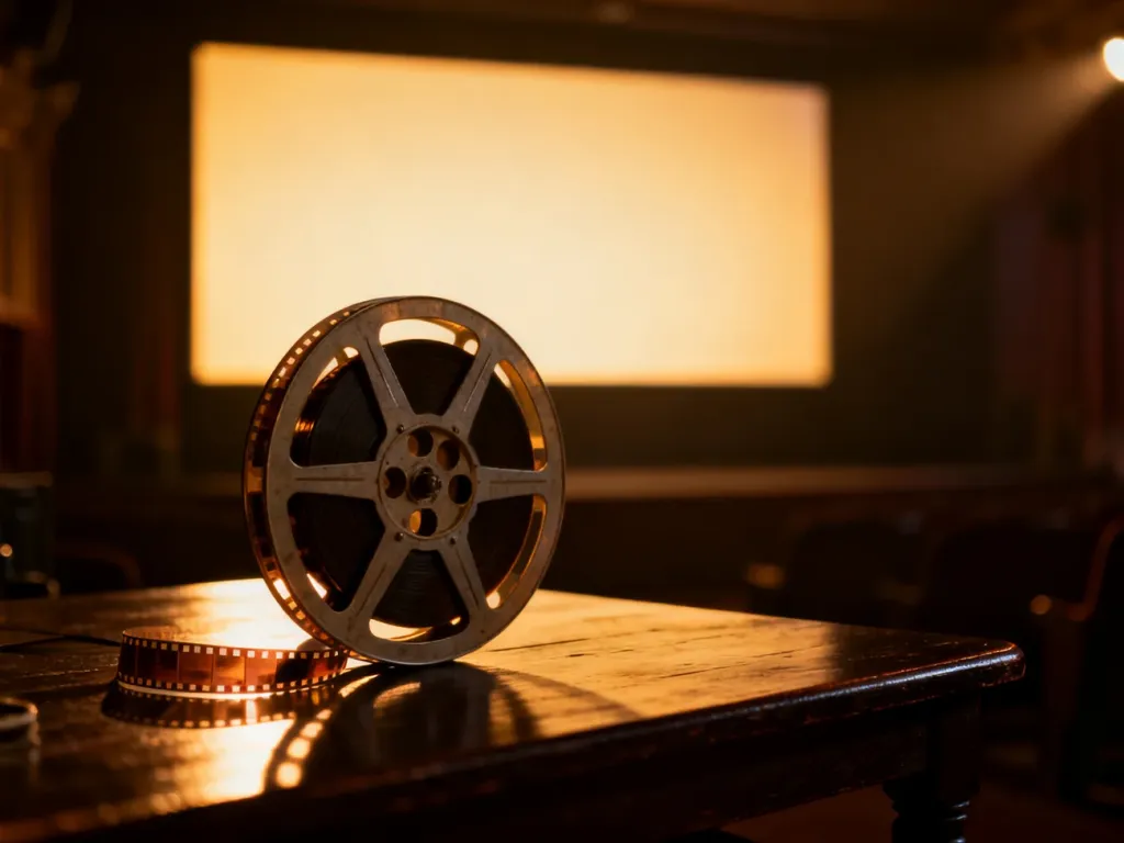 Szpula filmu 35mm na drewnianym stole w kinowym klimacie, nawiązująca do klasycznego stylu produkcji filmowych.