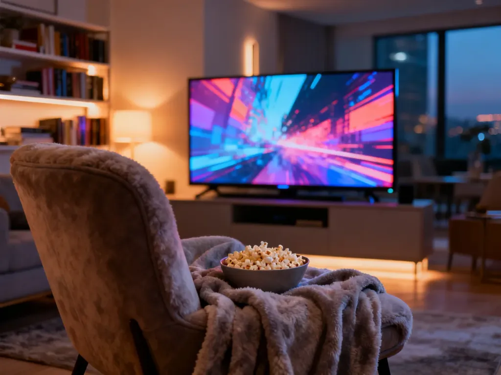 Przytulny salon z dużym telewizorem, kocem i popcornem, zachęcający do wieczornego maratonu seriali na Netflixie.