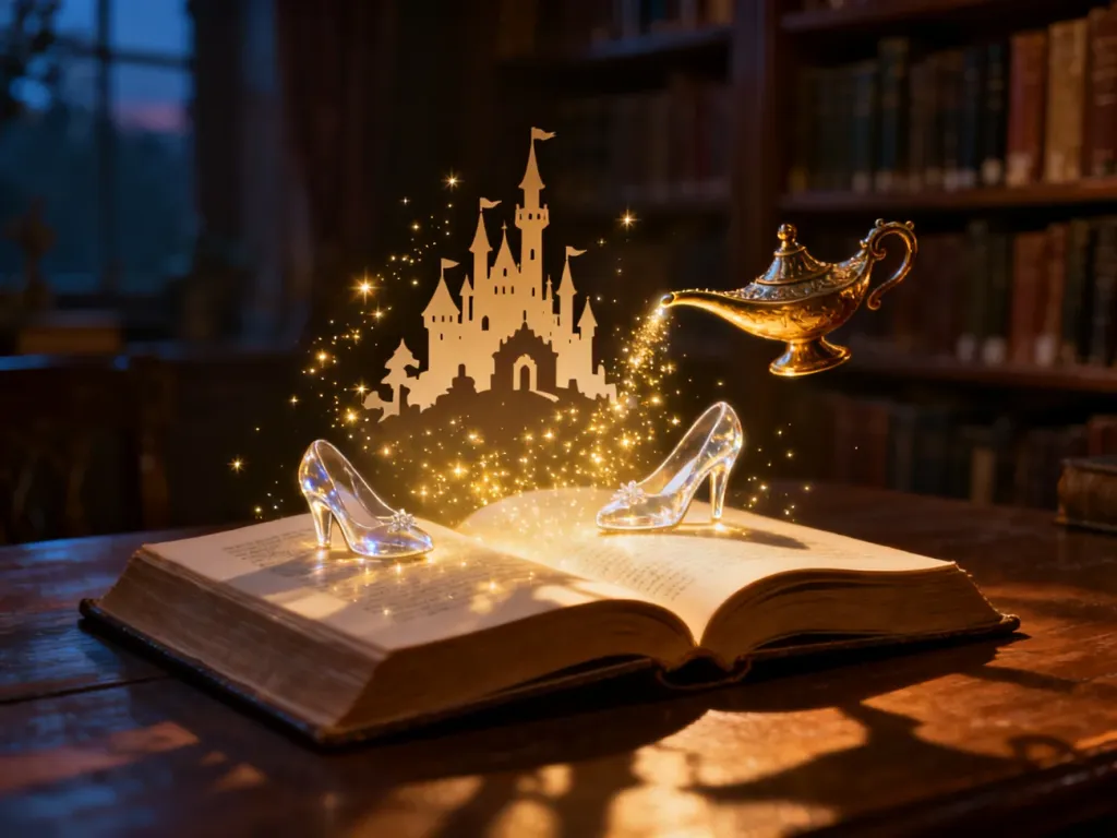 Magiczna otwarta księga, z której wyłaniają się symbole kultowych bajek Disneya w przytulnej bibliotece.