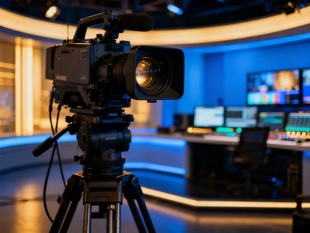 Profesjonalna kamera telewizyjna na statywie w studiu nagraniowym z widoczną w tle reżyserką.