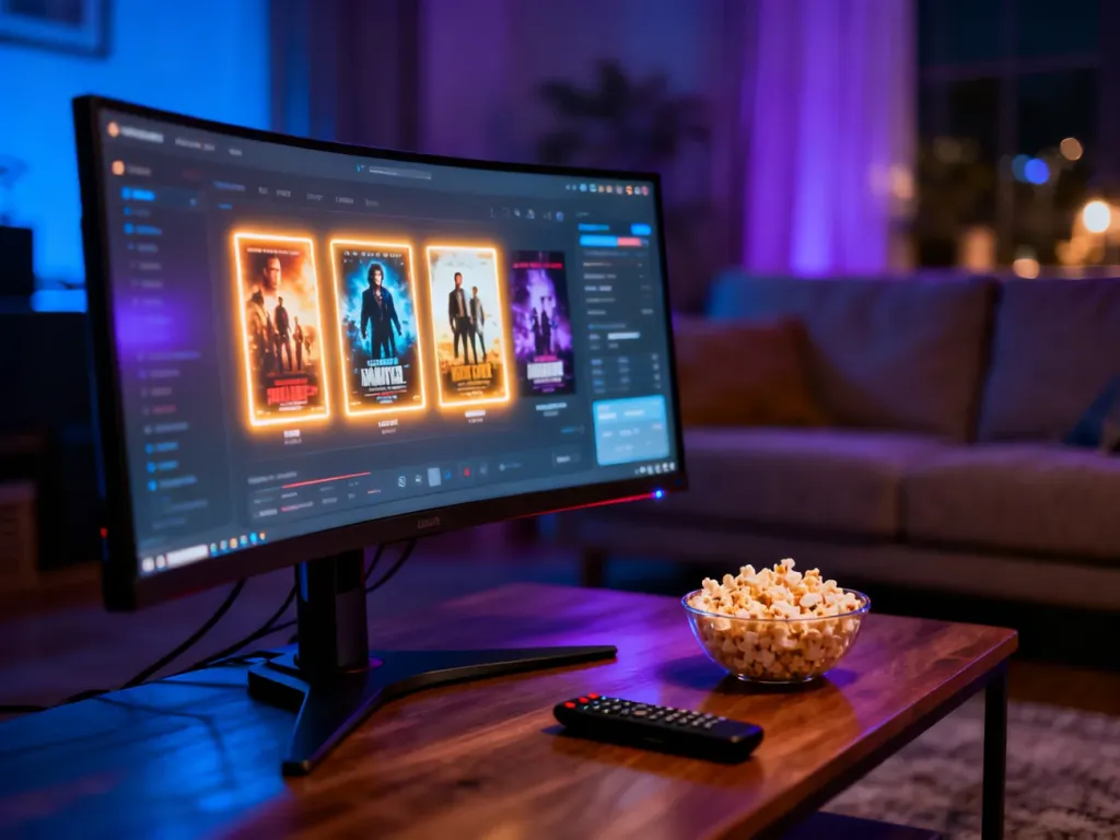 Nowoczesny salon z ekranem wyświetlającym interfejs platformy filmowej, tworzący przytulną atmosferę domowego kina.