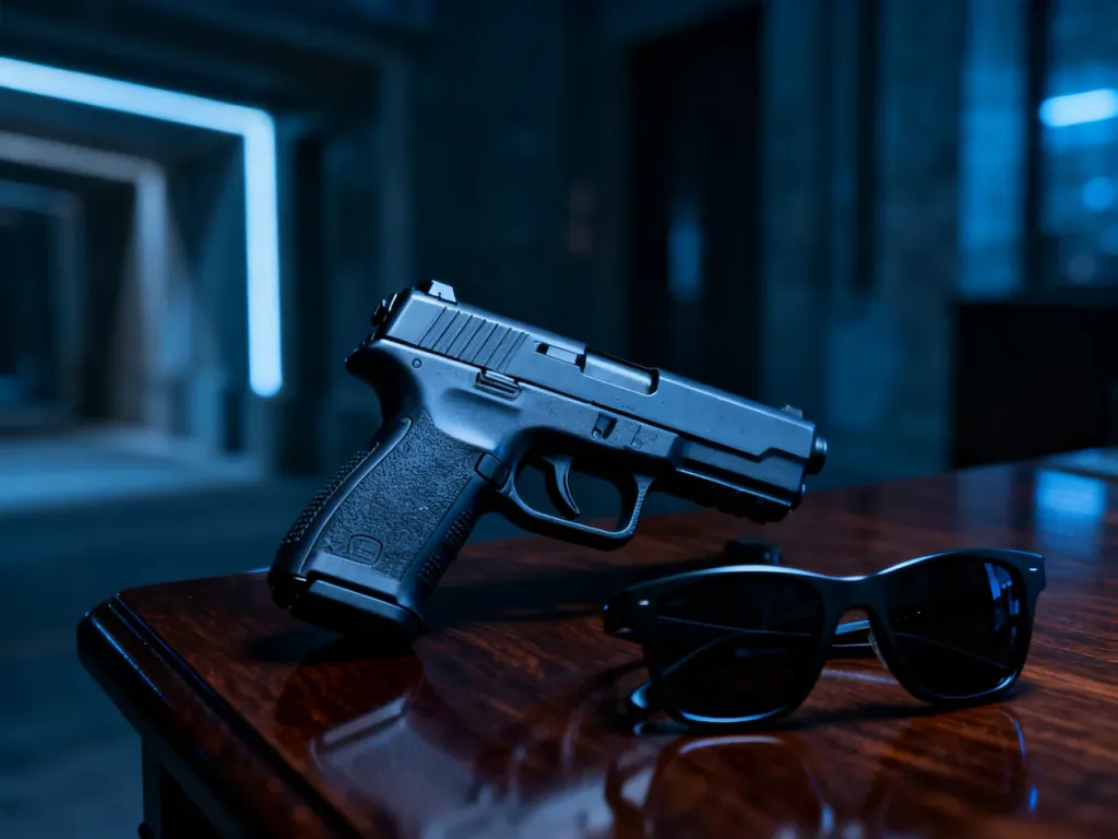 Pistolet i okulary przeciwsłoneczne na ciemnym stole, budujące klimat thrillera akcji w stylu filmu Colombiana.