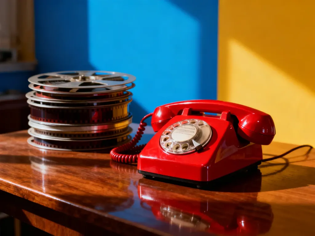 Czerwony telefon i taśmy filmowe w intensywnie kolorowym wnętrzu, oddające unikalny styl kina Pedro Almodóvara.