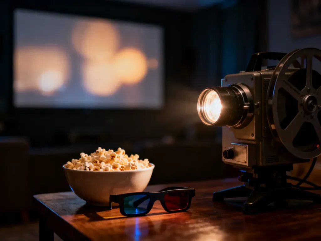Projektor filmowy w przytulnym kinie domowym z popcornem i okularami 3D na stole, tworzący nastrojowy klimat seansu.