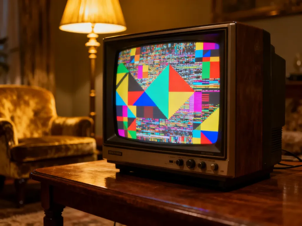 Stary telewizor z lat 90. wyświetlający kolorowe zakłócenia, wprowadzający w nostalgiczny klimat polskiego serialu.