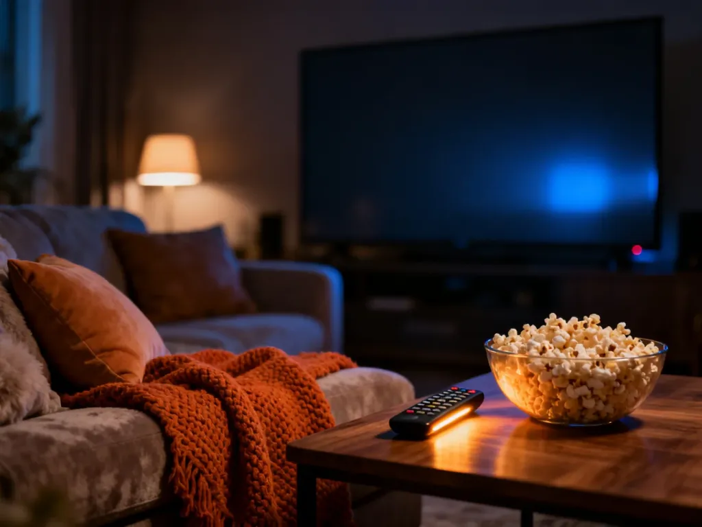 Przytulny salon z kanapą, popcornem i włączonym telewizorem, tworzący idealną atmosferę do wieczornego seansu filmowego.