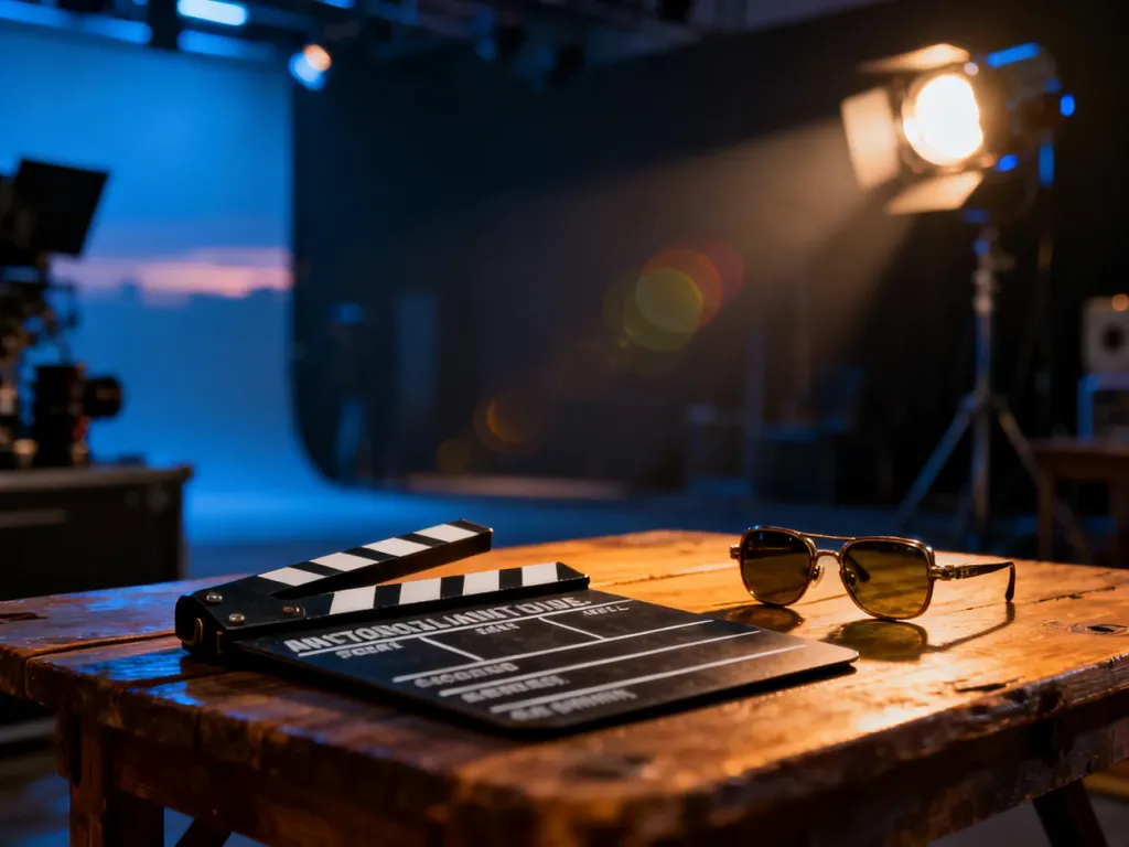 Profesjonalny klaps filmowy i okulary przeciwsłoneczne na tle planu zdjęciowego w klimatycznej, kinowej scenerii.