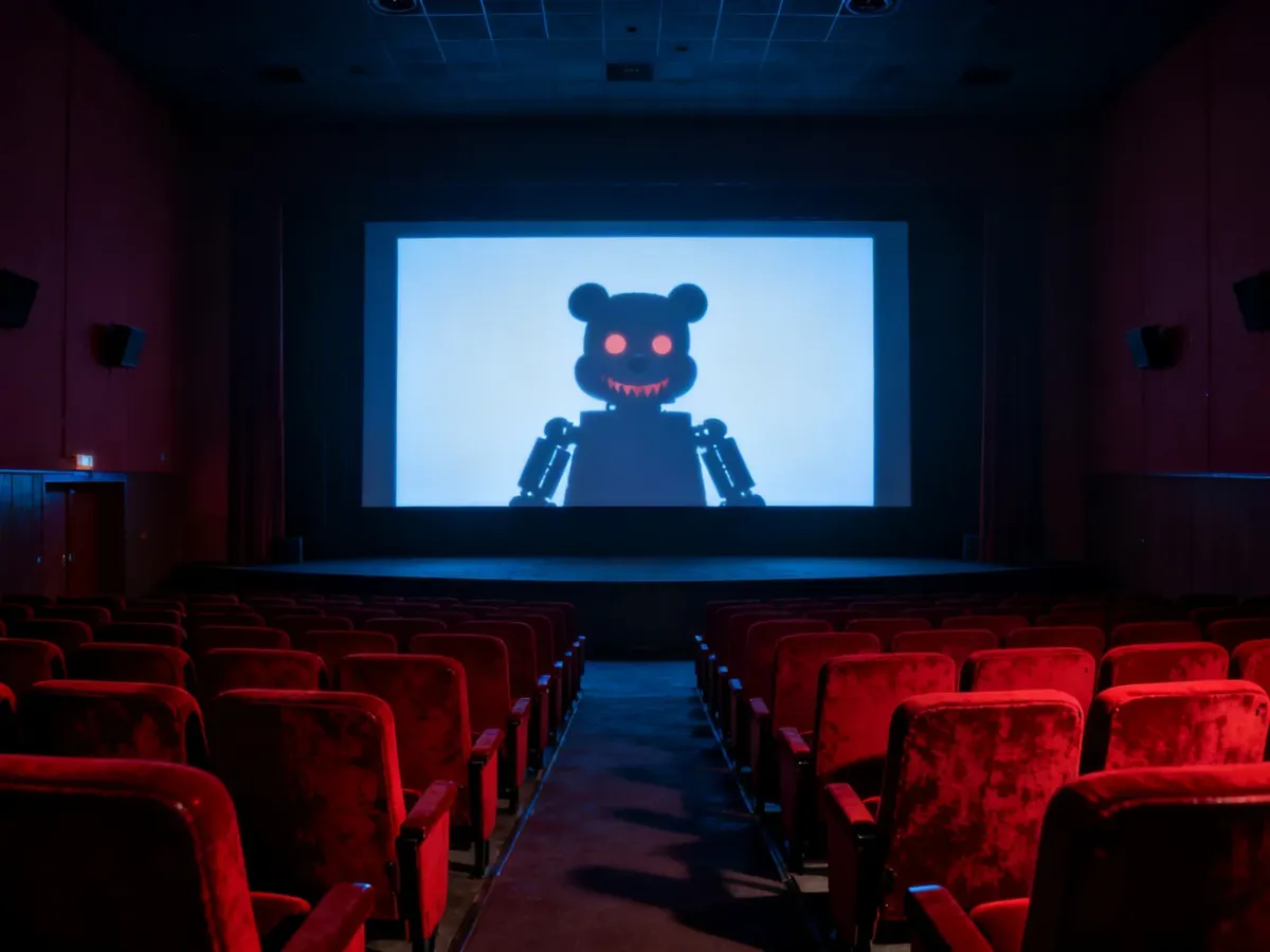 Pusta sala kinowa z mroczną sylwetką animatronicznego misia na ekranie