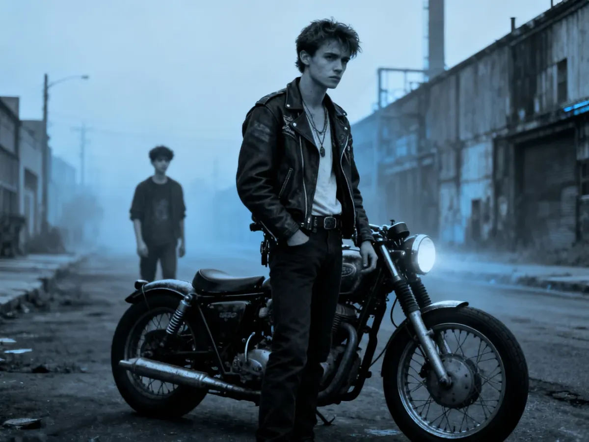 Melancholijny motocyklista stojący przy motocyklu na mglistej ulicy