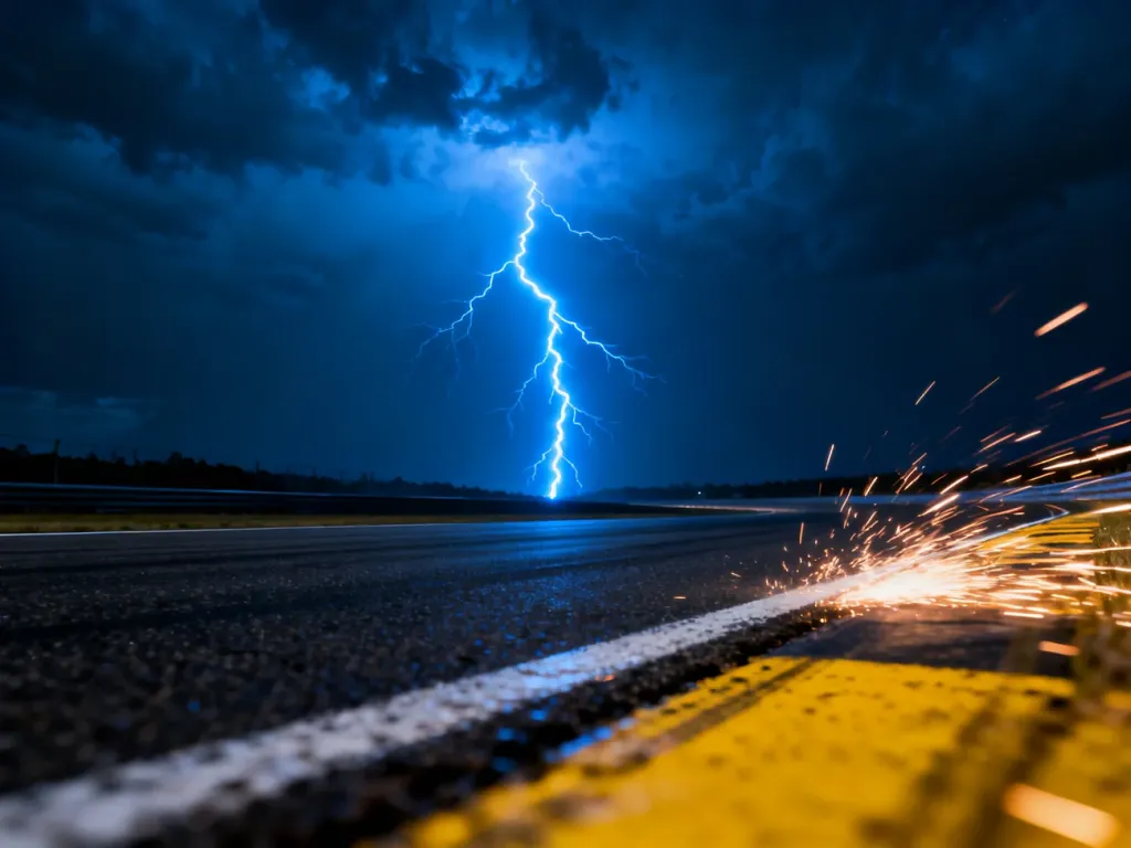 Błyskawica przecinająca nocne niebo nad torem wyścigowym, symbolizująca ogromną prędkość i kinetyczną energię.