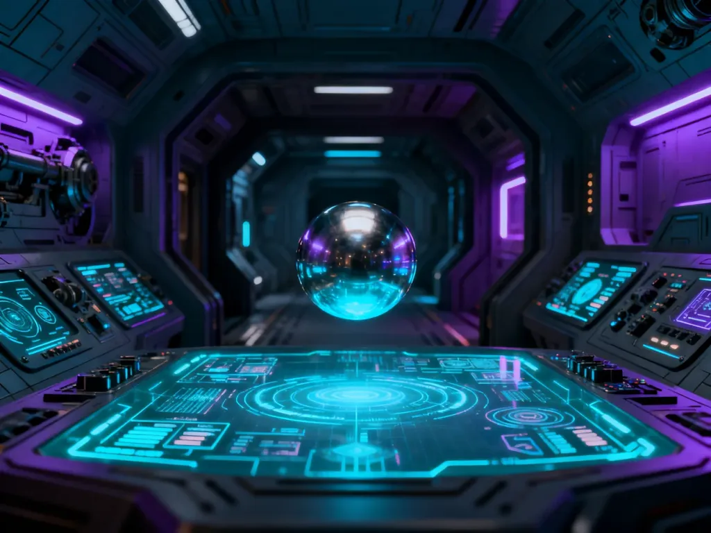 Futurystyczne wnętrze statku kosmicznego z holograficznymi interfejsami i lewitującą kulą, oddające klimat science fiction.