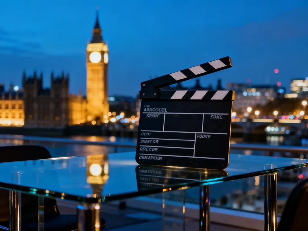 Klapa filmowa na tle rozmytej panoramy Londynu z Big Benem, symbolizująca produkcję kontynuacji filmu.