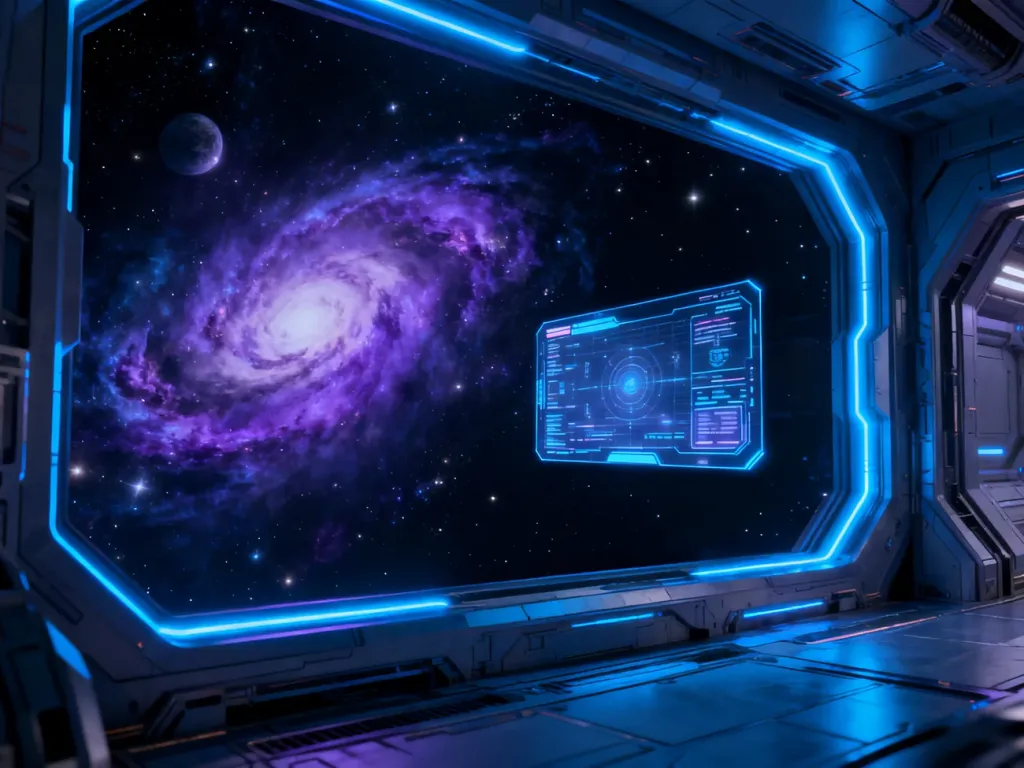 Wnętrze futurystycznej stacji kosmicznej z hologramem na tle gwiezdnej mgławicy, nawiązujące do klimatu serialu Babylon 5.