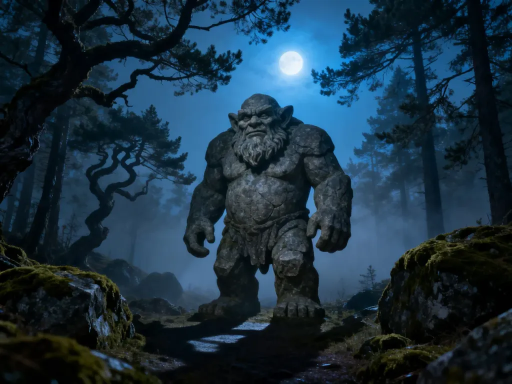 Gigantyczny kamienny troll w mrocznym, mglistym nordyckim lesie w klimatycznym świetle księżyca.