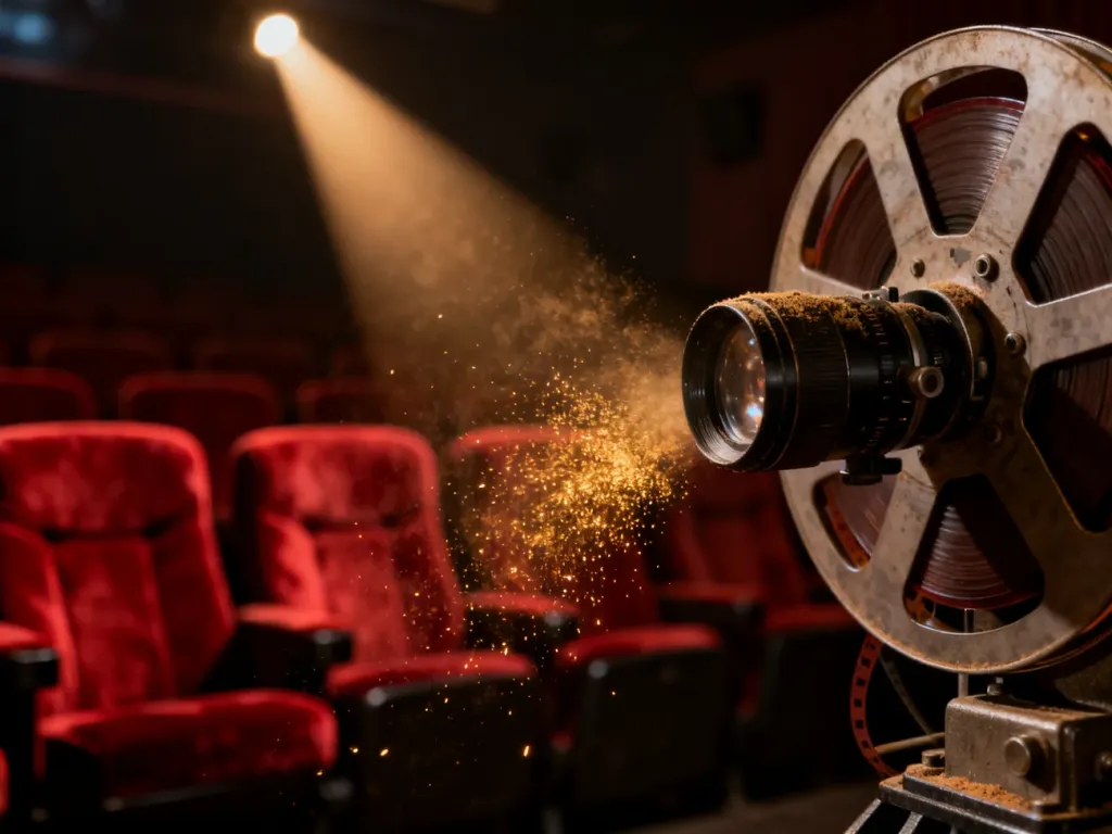 Obiektyw projektora filmowego w ciemnej sali kinowej z widocznymi w świetle drobinkami kurzu i pustymi fotelami w tle.