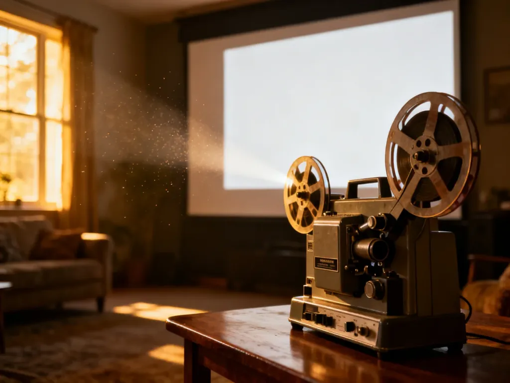 Stary projektor filmowy na drewnianym stole w przytulnej sali kinowej, oświetlony ciepłym światłem wpadającym przez okno.