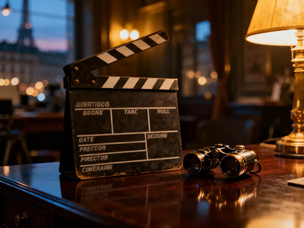 Klapa filmowa i okulary na biurku w paryskim studiu, budujące filmowy klimat zapowiadający nową produkcję.