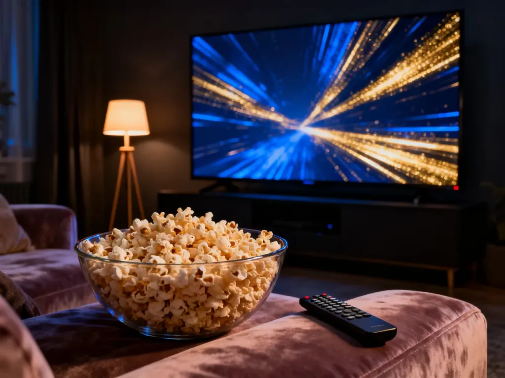 Przytulny salon z telewizorem i miską popcornu, idealny do wieczornego oglądania filmów na Amazon Prime.