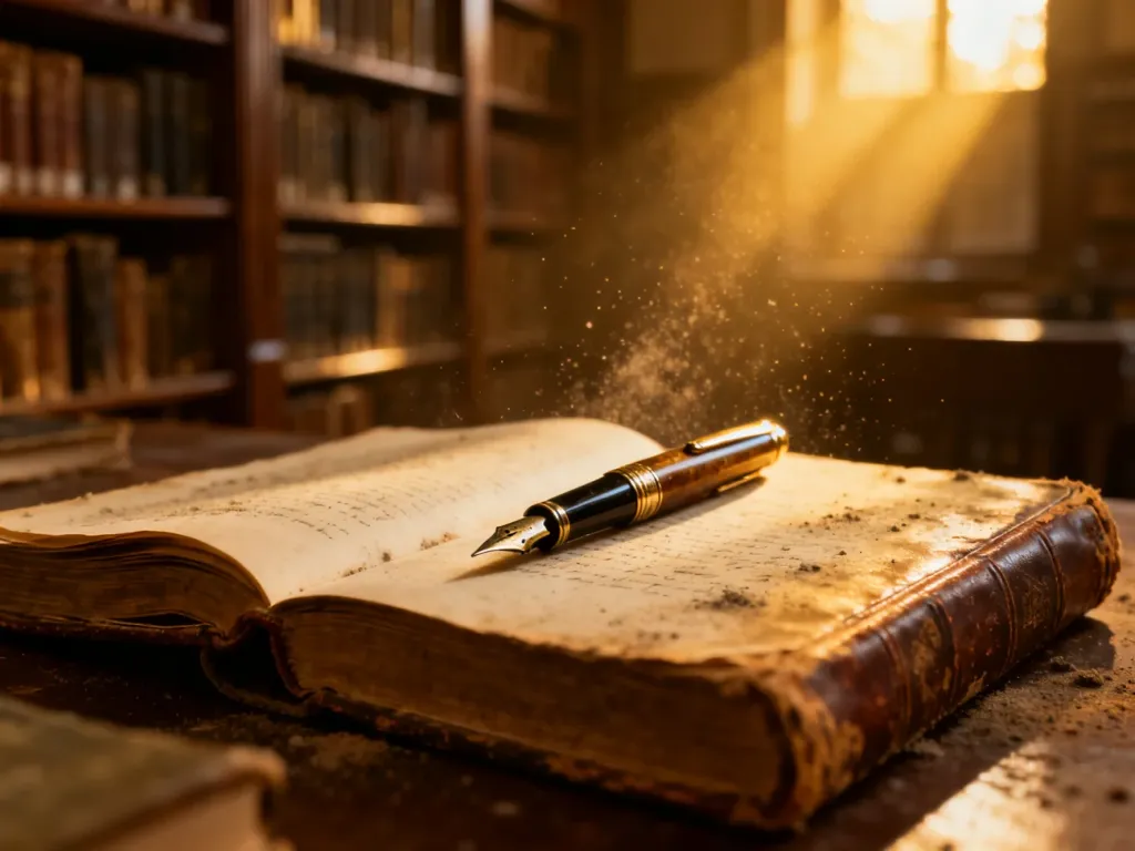 Eleganckie pióro wieczne spoczywające na otwartej, starej książce w klimatycznej bibliotece.
