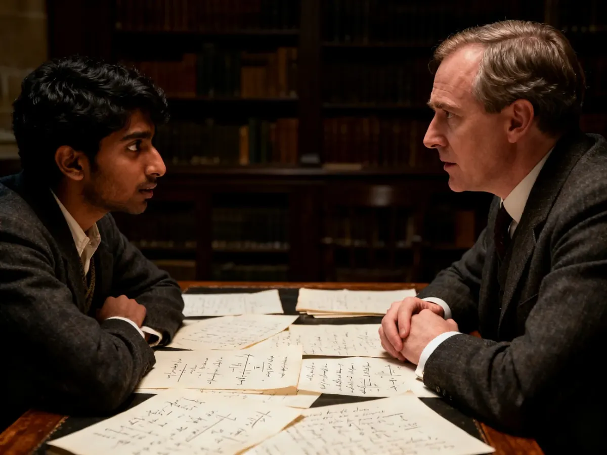 Ramanujan i Hardy dyskutujący przy biurku w gabinecie Cambridge