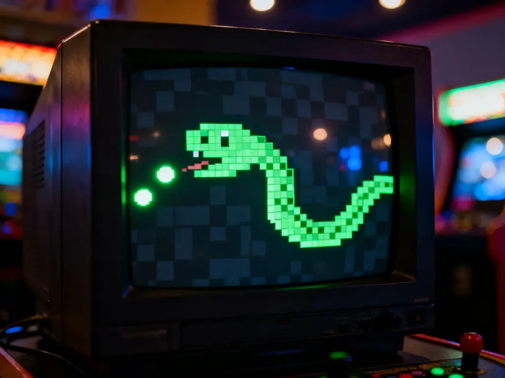 Neonowy wąż w stylu retro na ekranie starego monitora CRT, nawiązujący do klasycznej gry zręcznościowej.