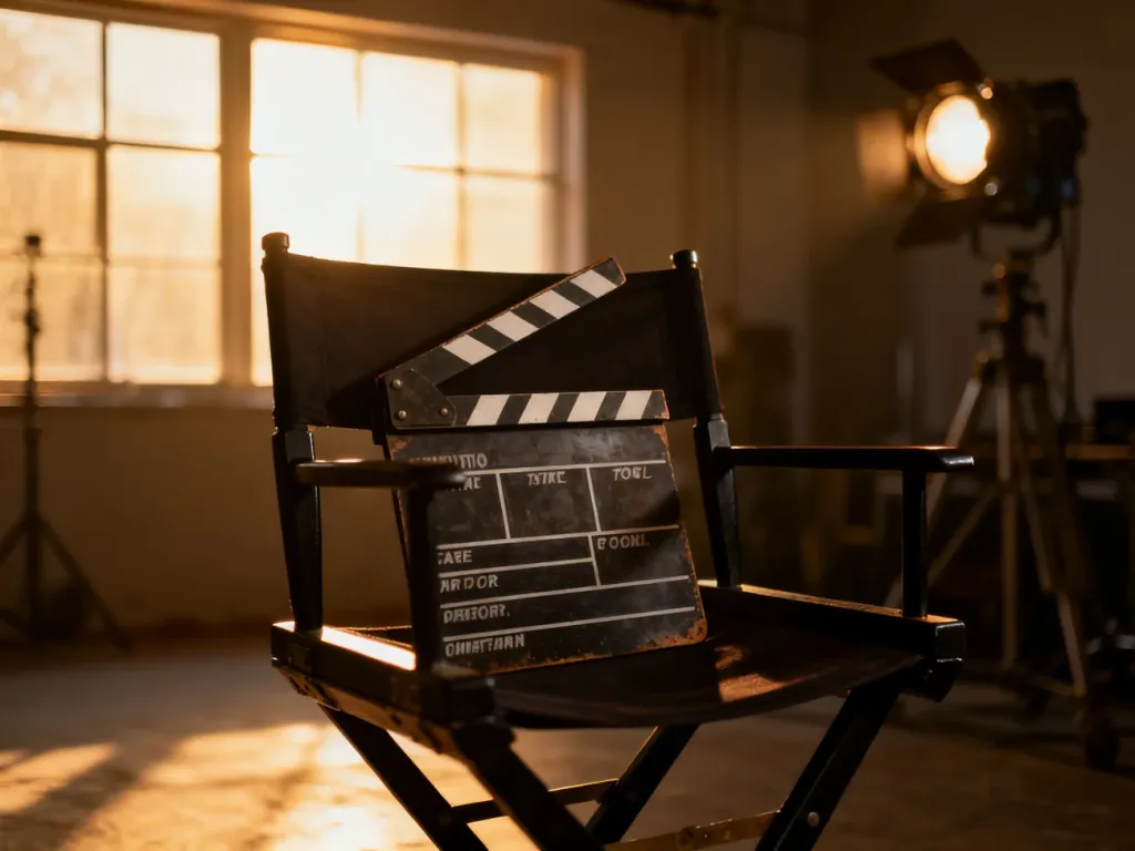 Klapa filmowa na krześle reżyserskim w profesjonalnym studiu, symbolizująca proces produkcji filmowej.