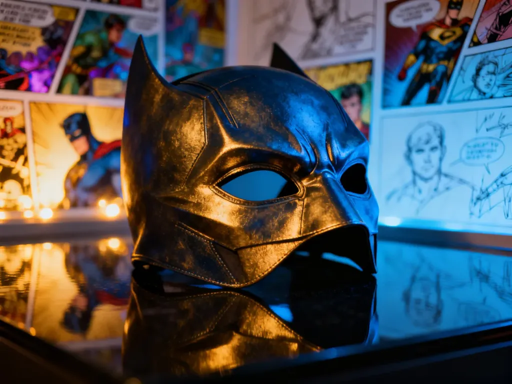 Szczegółowe zbliżenie na maskę superbohatera spoczywającą na ciemnym tle, nawiązujące do estetyki komiksów Marvela.