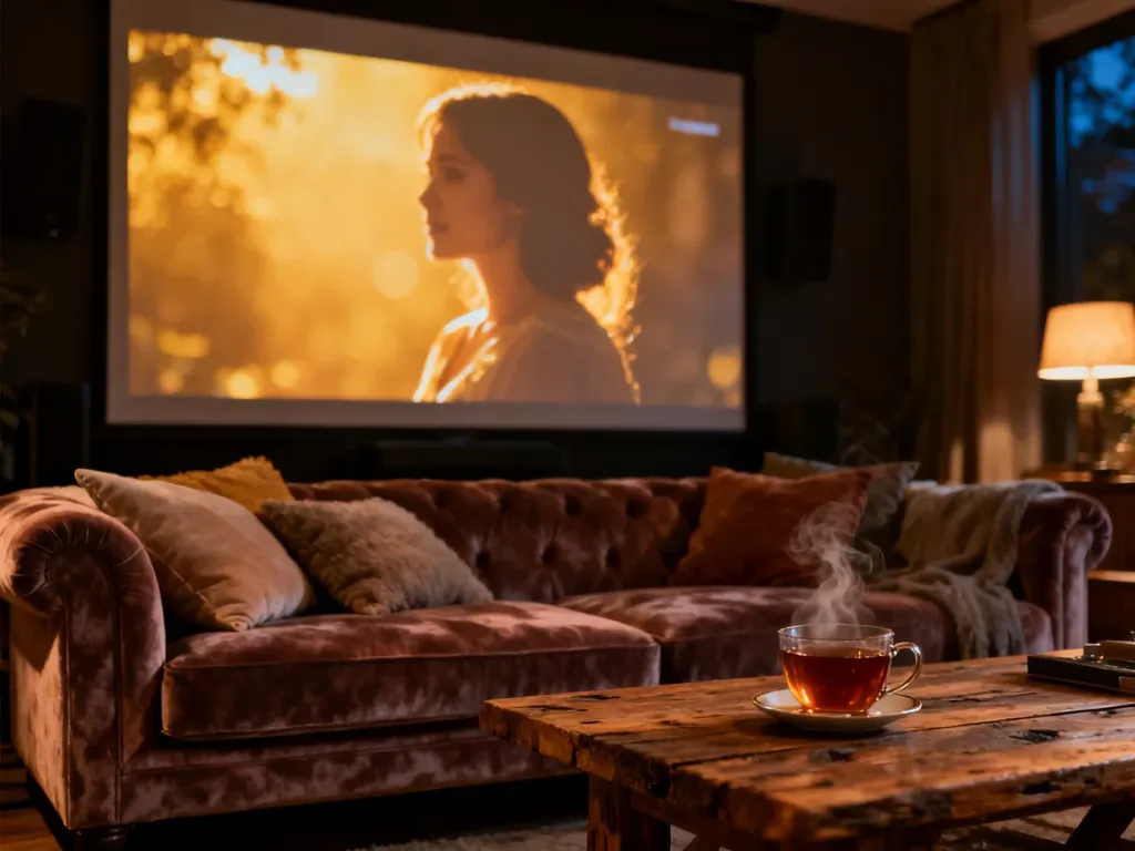 Przytulny salon z kinem domowym, idealny do oglądania romantycznych filmów w domowym zaciszu.