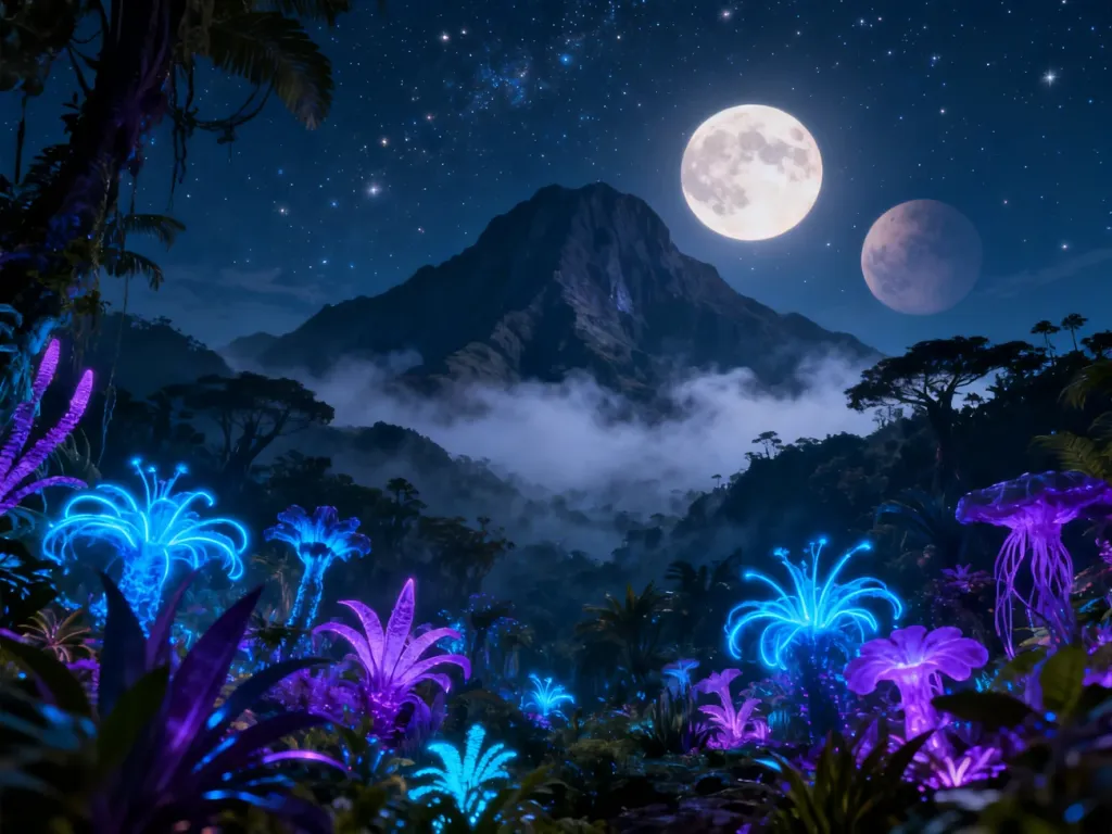 Bioluminescencyjna dżungla na Pandorze z egzotycznymi roślinami i górami pod dwoma księżycami w tle.