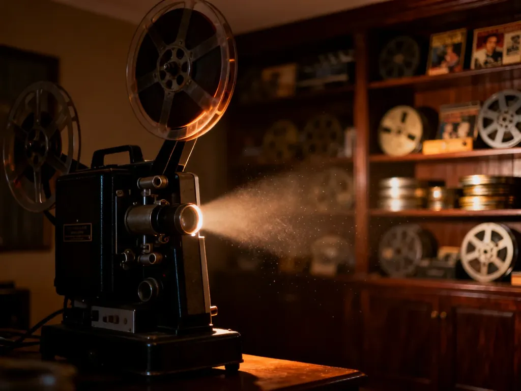Stary projektor filmowy emitujący snop światła w klimatycznym kinie domowym, nawiązujący do klasyki polskiego kina.