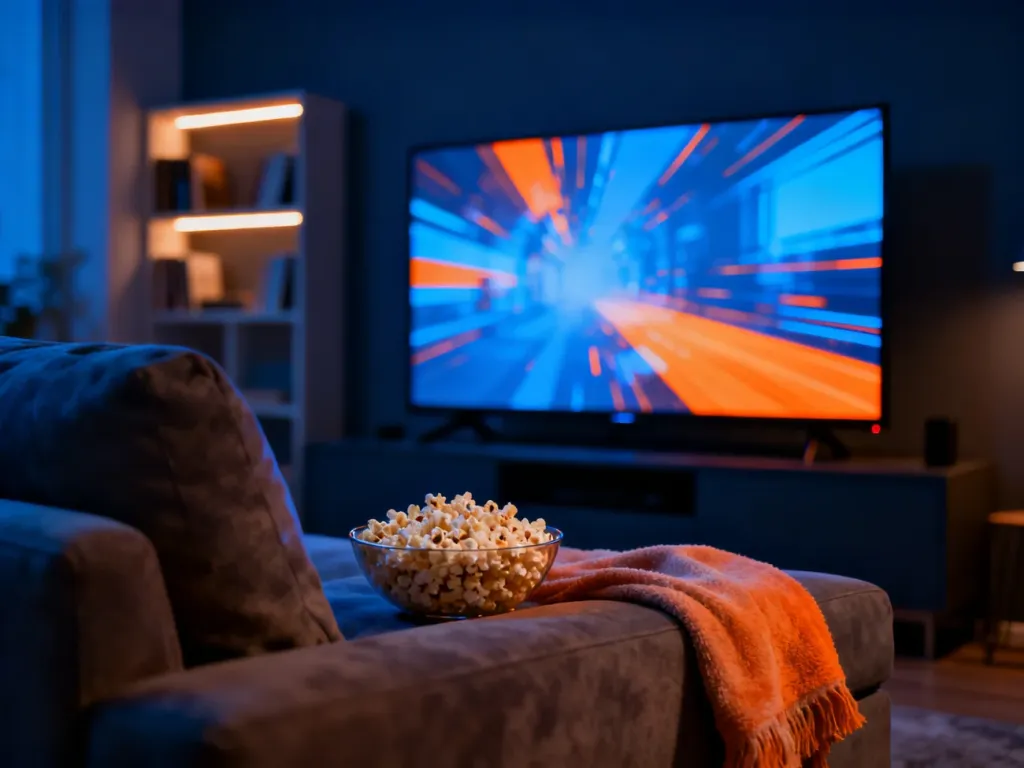 Przytulny salon z włączonym telewizorem, kanapą i popcornem, zachęcający do wieczornego seansu filmowego.