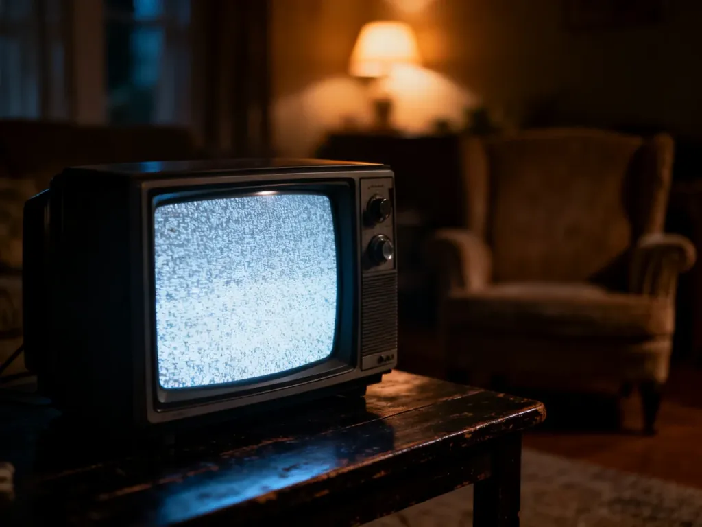 Stary telewizor z migoczącym sygnałem w przyciemnionym salonie, budujący klimat grozy idealny do filmu o zombie.