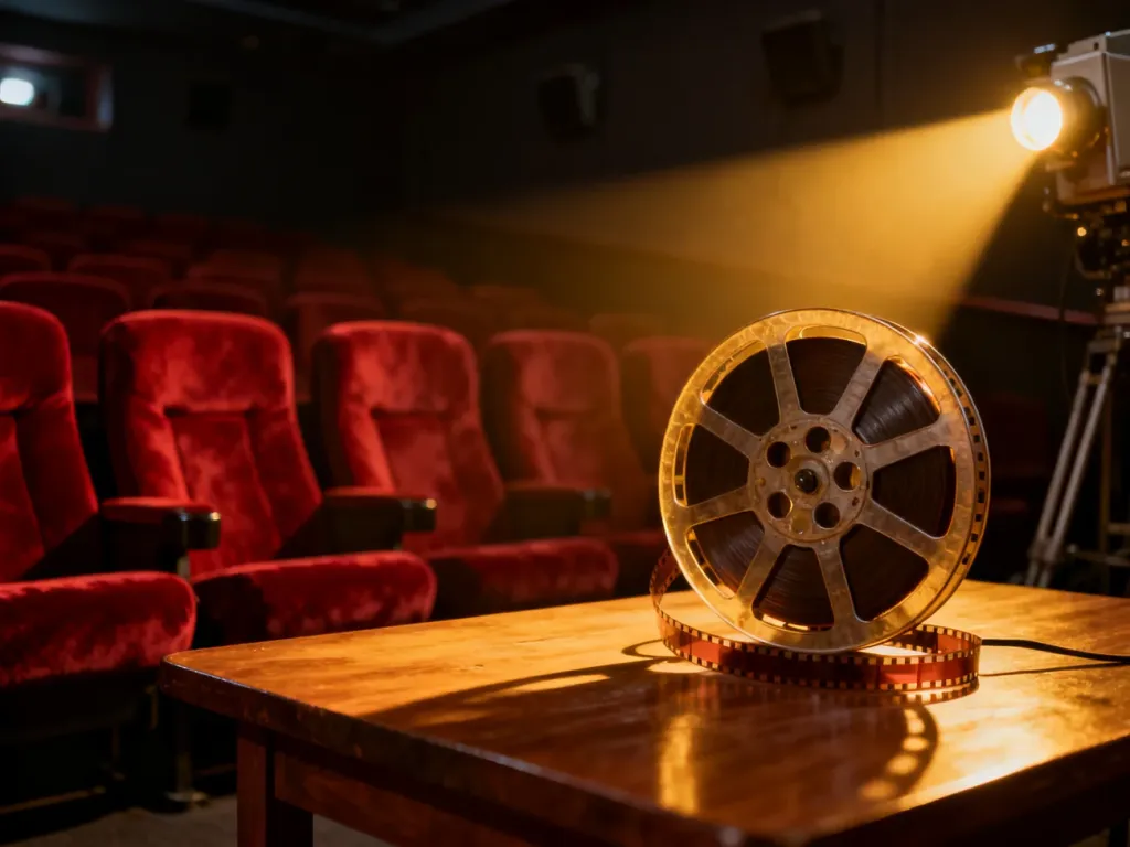 Klasyczna szpula z taśmą filmową w oświetlonej kabinie projekcyjnej starego kina z rzędami czerwonych foteli w tle.