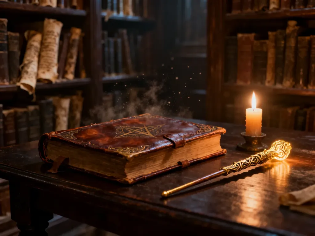 Stara księga zaklęć, magiczna różdżka i migocząca świeca na drewnianym stole w klimatycznej bibliotece w stylu Harry'ego Pottera.