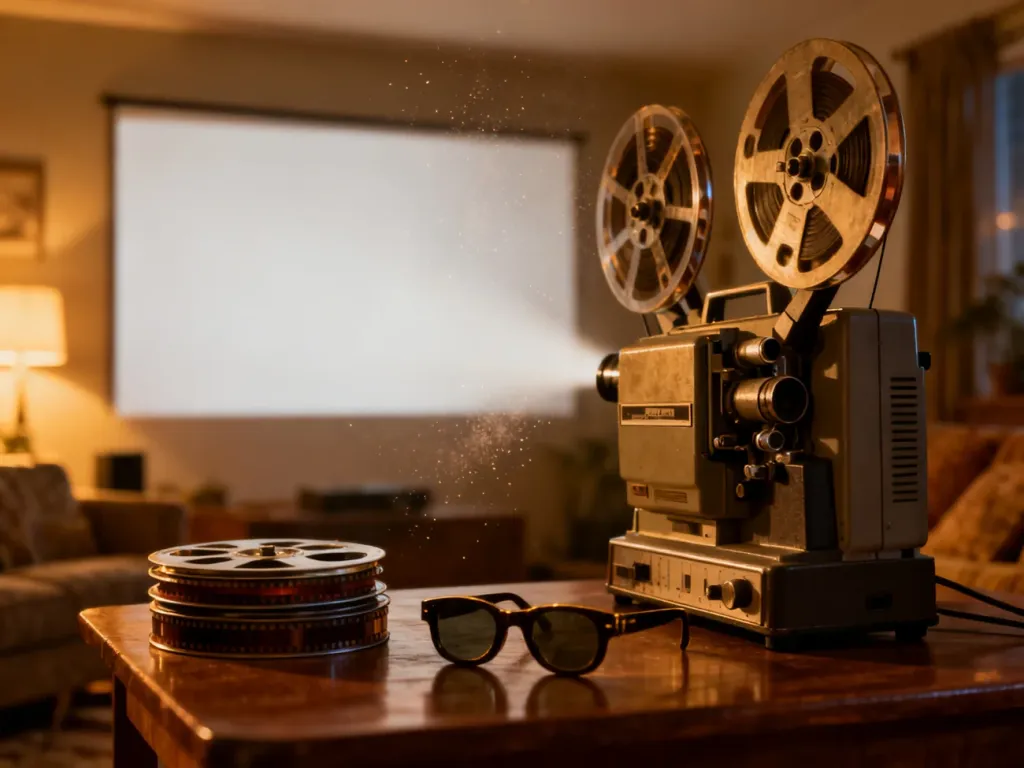 Projektor filmowy w przytulnym salonie, tworzący nostalgiczną atmosferę kina domowego.
