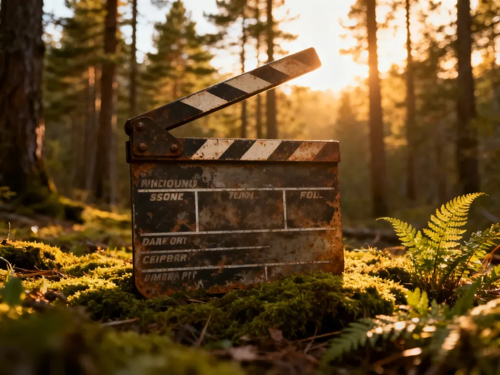 Klapa filmowa leżąca na leśnym mchu w otoczeniu drzew, nawiązująca do klimatu filmu „Dziki”.