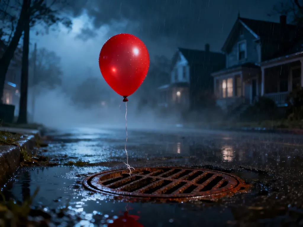 Czerwony balon przyczepiony do studzienki kanalizacyjnej na mrocznej, deszczowej ulicy w klimacie serialu „Witajcie w Derry”.