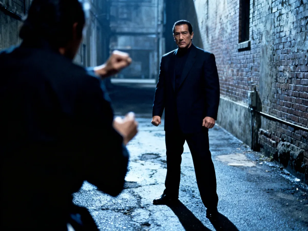 Steven Seagal w garniturze w mrocznej miejskiej scenerii