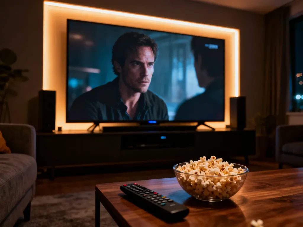 Nowoczesny zestaw kina domowego z telewizorem wyświetlającym film, popcornem i pilotem na stoliku w przytulnym salonie.