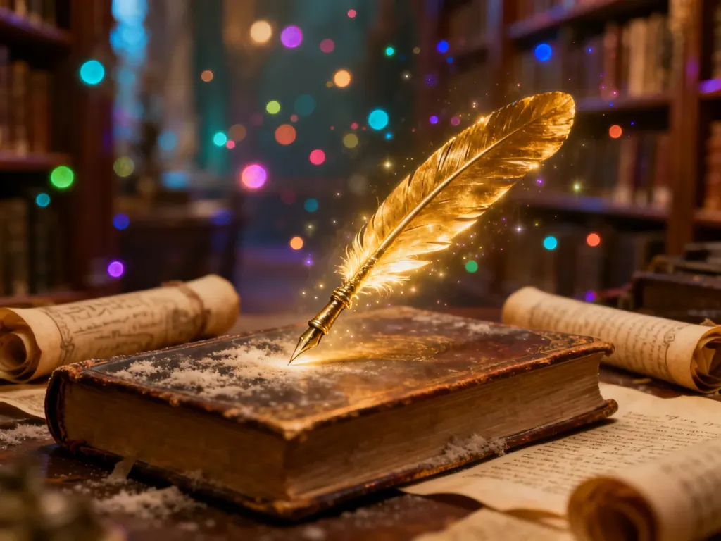 Magiczna, stara księga z lśniącym złotym piórem w tajemniczej bibliotece, nawiązująca do świata Akademii pana Kleksa.