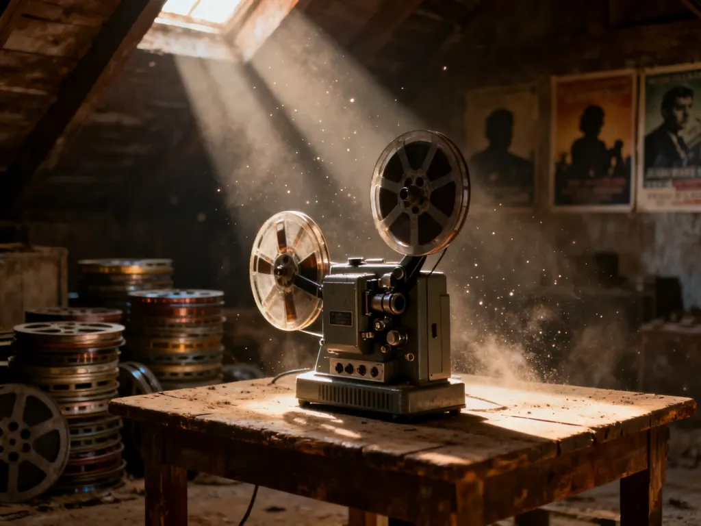 Stary projektor filmowy na drewnianym stole w klimatycznym, zakurzonym strychu, budujący tajemniczy nastrój kina.