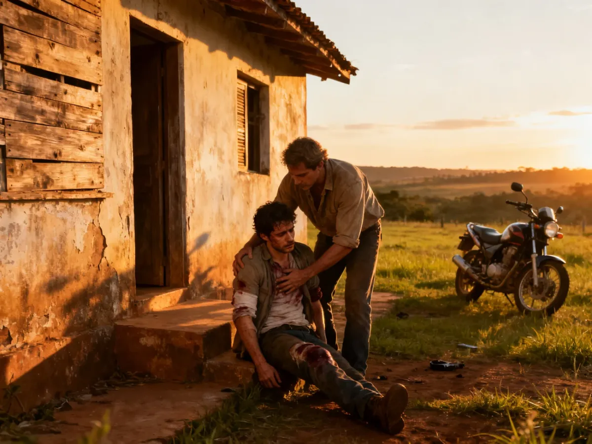 Farmer pomagający rannemu motocykliście na brazylijskiej prowincji